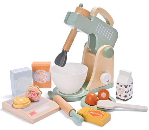 MONT PLEASANT Play Kitchen Accessories, Pretend Play Food Sets for Kids Kitchen, Wooden Toy Mixer Set, Blender Bake Cookies Playset Cooking Kitchen Accessories Toys for Boys Girls Ages 3+