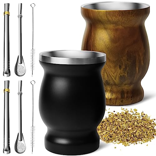 Artcome Set di tazze Yerba Mate in acciaio inox, 8 pezzi, 2 tazze a doppia | 2 tazze in acciaio inox da 241 g a doppia parete, 4 bombillas (cannuccia Yerba Mate), 2 spazzole, facili da pulire