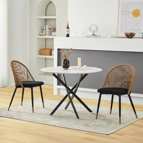 CLIPOP Esszimmerstühle 2er Set, Küchenstuhl aus Rattan, Metall Beine, Schwarz Samt Fabric, Esszimmer Stühle mit gepolsterte Sitz, bis 150 kg belastbar, Rattanstuhl für Wohnzimmer Esszimmer