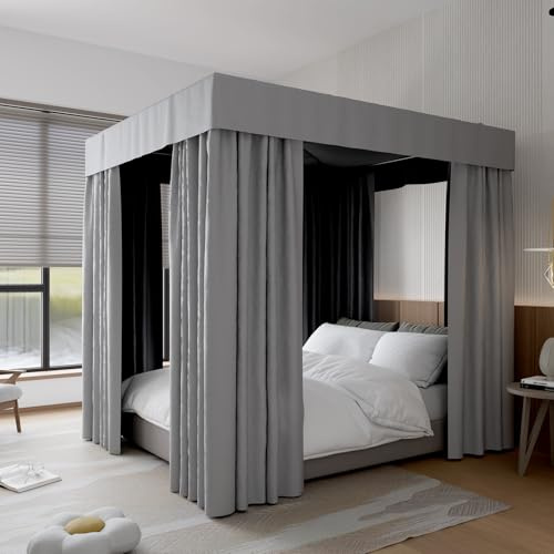Hvqic Rideaux à baldaquin Gris – Rideaux de lit à 4 poteaux d'angle – Rideaux résistants à la lumière pour Chambre d'adultes et de Filles (lit jumeau, Gris)