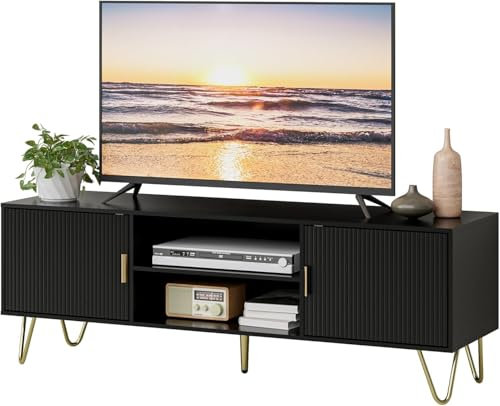 HEYZOEY TV Schrank, Lowboard für TV bis 60 Zoll, 2-türiges TV Board mit Schränken für Wohnzimmer (Schwarz, 137 x 38 x 48 cm)