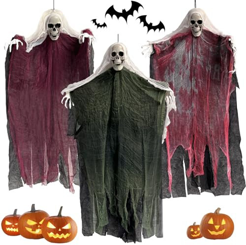 3 Pack Halloween Hanging Decorations Skeleton Ghost Props,Scary Grim Reaper Decor for Indoor Outdoor Yard Party, Haunted House & Pirate Theme,Flying Skull Ghost for Halloween Decor