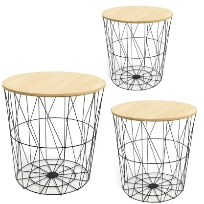 HOMION Round Side Table Wire Metal Storage Basket Bedroom Balcony Corner Bedside Table Sofa Garage Camper Van Hallway Tidy Nest Stool Living (Black + Natural Lid, Set of All 3 (Small + Med + Lrg))