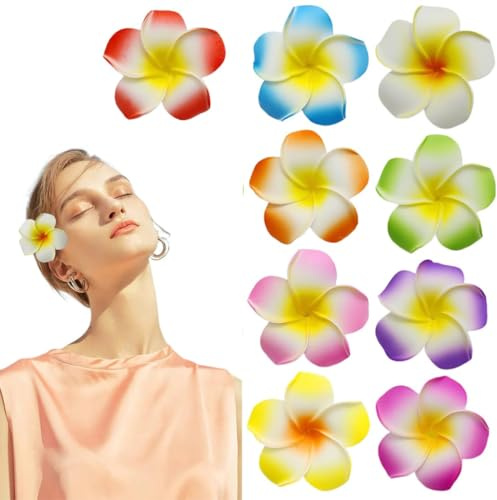 SIRLOMU - Pinzas para el pelo (9 piezas, Hawáianas, Plumeria, tropicales bohemios, vacaciones, fiesta en la playa, clips de flores artificiales