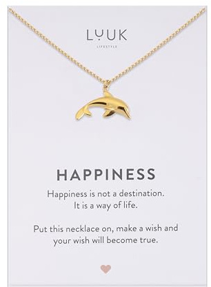 LUUK LIFESTYLE Collier femme avec pendentif dauphin carte HAPPINESS en acier inoxydable (50 cm), idée cadeau pour elle, anniversaire, porte bonheur, bijoux minimalistes, amitié, Or