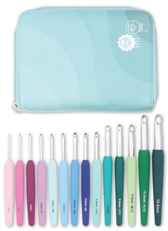 KnitPro Waves - Set di 14 uncinetti Grande, misure da 2 a 12 mm, manici ergonomici morbidi, impugnatura in gomma morbida per mani artritiche, ferri da uncinetto leggeri e comodi per lavorare a maglia