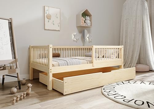 TIMBEE - Alfi Box - Kinderbett 90x180 mit Schublade - Bett Holz Unlackiert - Einzelbett für Kinder mit Lattenrost und Rausfallschutz Abnehmbar - Belastbar bis 100 kg - aus Kiefernholz Klasse 1