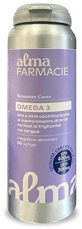 Omega 3 Alma Farmacie 80 Softgel Certificato IFOS 5 Stelle | 400 mg EPA e 300 mg DHA per dose, olio puro per il controllo dei trigliceridi, cuore, mente, occhi. Senza Glutine e Lattosio