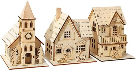 Qyljeiwred 3 Casas de Madera para Manualidades, pequeñas Casas de Navidad de Madera con Luces LED, Adornos navideños decoración de casa de Pueblo