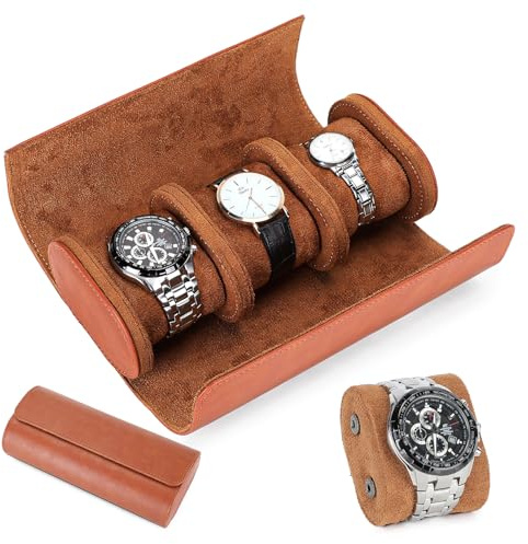 VINBAGGE Scatola per Orologi Rotolo per 3 Orologi Custodia Viaggio Vintage Cilindrica con Cuscini Rimovibili per Uomo e Donna - Arancione