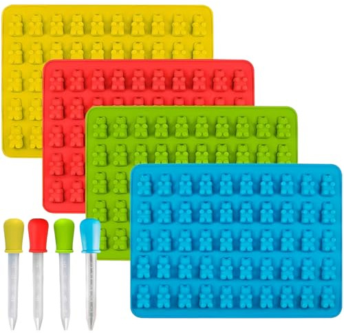 Binnan Silikonform Gummibärchen,Mini Silikonformen,4 Stück Gummibärchen Selber Machen,Bonbon Formen Silikon,Antihaft-Silikon-Gummibärchenformen mit Pipette für Bonbon Schokoladen und Gelee-Formen
