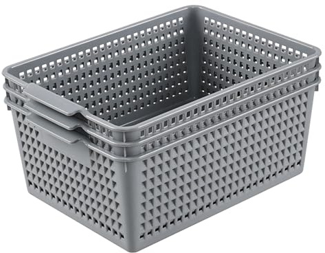 Dehouse 3 Pack Large Plastic Rectangular Storage Basket, Plastic Storage Baskets for Kitchen Cupboard, Grey