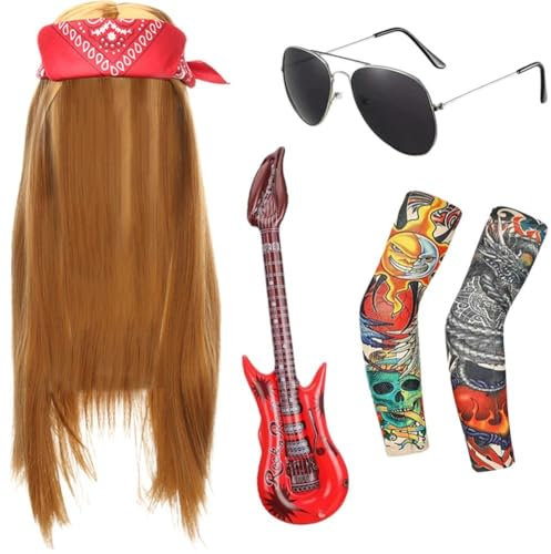 AMOYER Rocker-kostüm-Set, Punk-Gothic-Rocker-kostüm-zubehör Perücke, Gitarre, Sonnenbrille, Bandana, Temporäre Tattoo-ärmel, 70er-80er-jahre-kostüm Für Männer Und Frauen