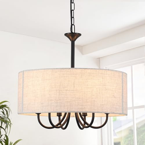 Schwarz Pendelleuchte, Weiß Stoffschirm, Hängelampe Lampenschirm 6 Flammig | E14 Deckenlampe Schlafzimmer Hängend Metall für Esstisch, Wohnzimmer, Küche, Esszimmer, Flur, Ø46cm