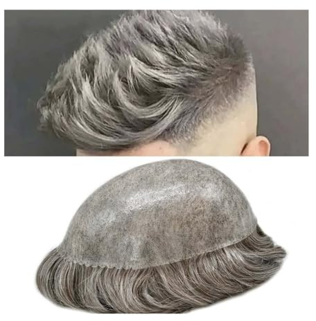 zhongqunli Prótesis Capilar Hombre, Peluquín de Cabello Humano Indio Gris for Hombre, Ondulado, de 0,1 a 0,12 mm, con inyección de PU(7x10icnh)