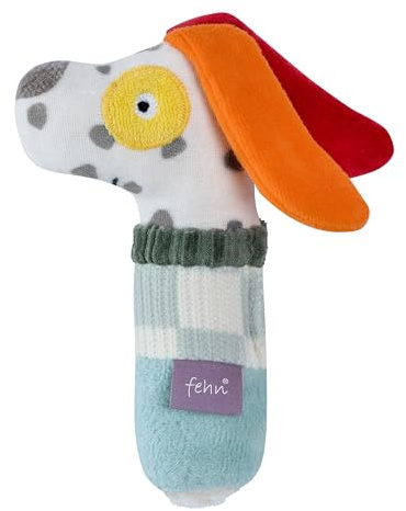 Fehn Hochet bâton chien NATUR - avec hochet et coton issu de l'agriculture biologique - favorise l'apprentissage précoce de manière ludique - pour les bébés et les jeunes enfants dès la naissance