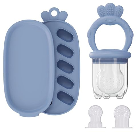 Baby Food Fruit Feeder with Freezer Tray Breastmilk Popsicle Molds Silicone Fruit Feeder for Self Feeding Teething Relief Toys (Blue)