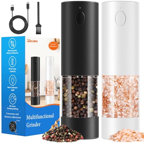WOWBOX Electric Salt and Pepper Grinder Set 2 PCS, 6-Level Adjustable Coarseness, Rechargeable with LED Light, Large Capacity Multifunctional, for Kitchen, BBQ, Outdoor, Restaurant (Black & White)