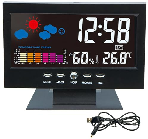 Stazione Meteo Intelligente Orologio, Display LCD a Colori, Temperatura, Umidità, Alimentazione USB, Retroilluminazione Controllo Vocale