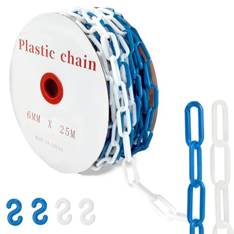 25 m avstängningskedja, röd, vit, plastkedja, 6 mm, varningskedja, plastkedja, avstängningskedja med 4 karbinhakar för barriärer i uppfarter, arbetsplatser och garage