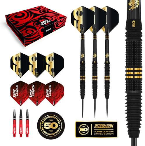 RED DRAGON DARTS - 50-årsjubileumsspelarutgåva - Jonny Clayton 'The Ferret' 22g - Professionellt dartset med stålspets och 90% volfram - Inkluderar dartvingar och dartskaft