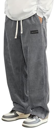 PADOLA Pantalon Velours Côtelé Homme Baggy Taille Elastique Pantalons Cargo avec Poches Décontracté Tricoté Pantalon de Travail Jambes Larges Ample Y2K Pantalons Jogging Sport (2 Gris, XL)