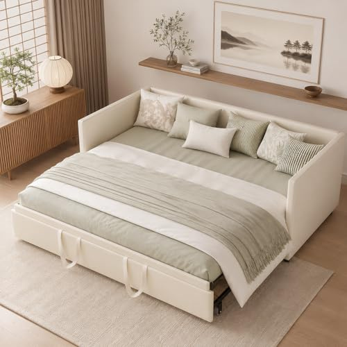 HFASD Canapé-lit/lit de jour 90/180x200 cm, lit simple dépliable, lit gigogne de même hauteur avec lit d'appoint, canapé 2 places convertible, lit de jour, velours, sans matelas, Beige