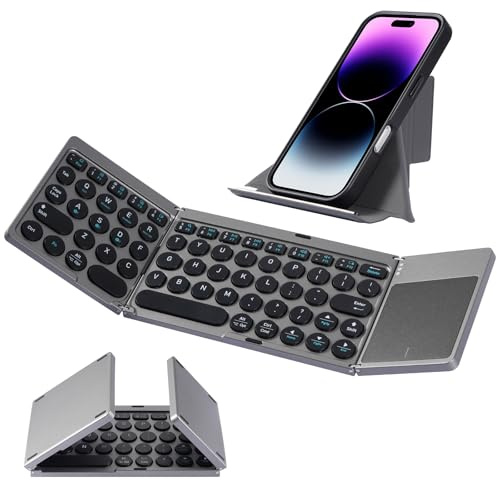 SOPPY Clavier sans fil pliable avec pavé tactile, clavier portable rechargeable à trois plis avec support, mini clavier de voyage Bluetooth pour Mac, iOS, Android, Windows, PC, tablette, ordinateur