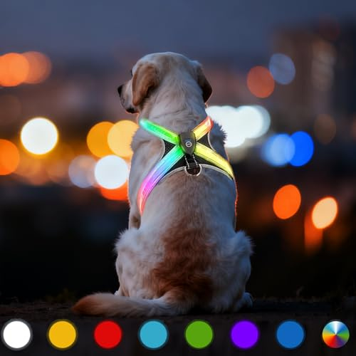 LED Leuchtgeschirr für Hunde, Wiederaufladbares Beleuchtetes Hundegeschirr Verstellbar, 3-Lagiges Air Mesh und 7 Lichtfarben Atmungsaktivität für Mittelgroße bis Große Hunde, Nachtsicherheit