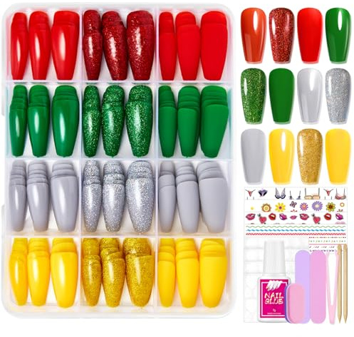 288 Stück Press On Nails Set - Weihnachten Einfarbige Nägel Zum Aufkleben Grün Rot Glitzer Gelb Grau - 12Farben Full Cover Coffin Fake Nails - Fingernägel Künstliche Nägel für Frauen