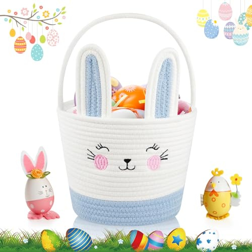 Cestinos de Pascua SilverChry, cesto de Pascua de cuerda de algodón, cesto pascual para niños con asa, bolsas de caramelos para niños, cesto de Pascua para la búsqueda de huevos, regalo de Pascua