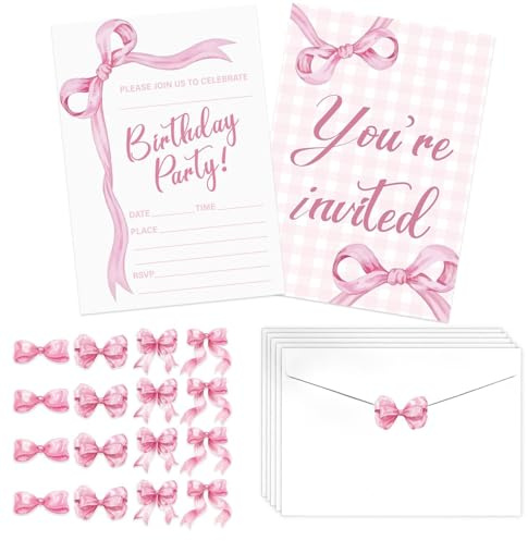Pink Bow Birthday Invitations for Girls, 20 Sets Bownot Invitation Cards with Stickers and Envelopes for Birthday Party Baby Showers Weddings and Celebrations, 120 x 170 mm