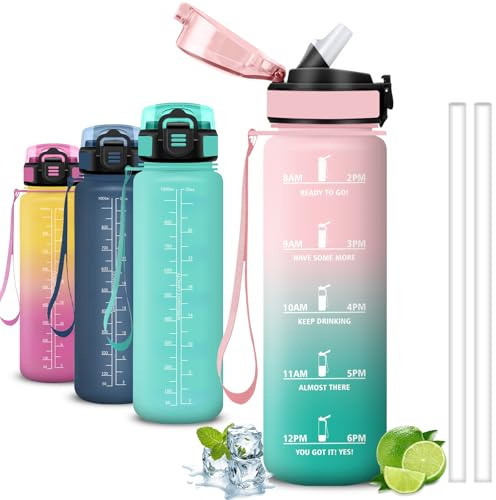 Mujigaga Gourde 1l, Gourde Sport, Anti Fuite, Gourdes Graduée, Facile à Transporter, Gourdes de Camping et Randonnée, avec Slogan de Motivation, Bouteille d'eau pour Sports, Nager, Voyage