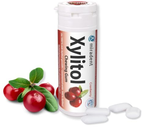 miradent Xylitol Zahnpflegekaugummi Cranberry Dose 30 Stück (1 x 30 g) | fruchtiger Geschmack | zuckerfrei | vegan | kariespräventiv | für unterwegs