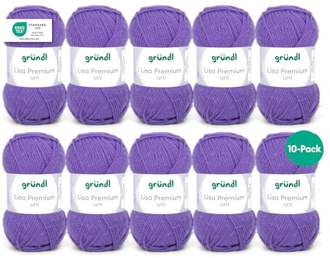 Gründl Laine Lisa Premium uni - Fil pour tricoter - Fil à tricoter - Fil à crocheter - Doux et agréable pour la peau - 100% polyacrylique 10 pelotes 50 g / 133 m - Taille d’aiguille 3,5-4,5 - Purpur
