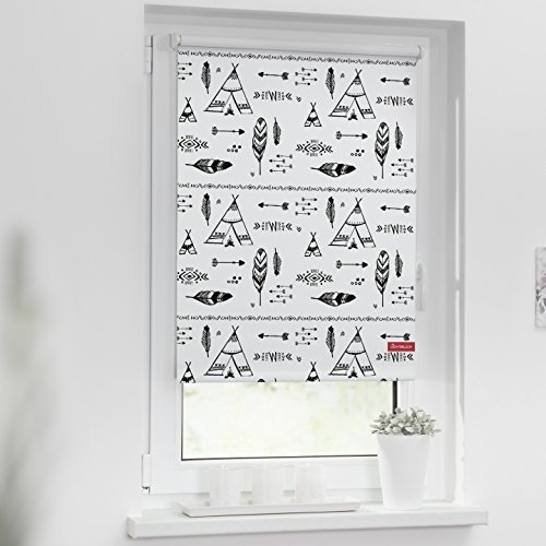 Lichtblick Klemmfix Verdunklungs-Rollo mit Motiv, ohne Bohren, Blickdicht, Seitenzugrollo, Made in Germany, Tipi - Schwarz Weiß 60 x 150 cm (B x L)