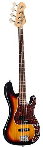 J & D E-Bass, Bass Gitarre mit 4 Saiten und Linde Korpus, JB Bass mit Split-Coil Tonabnehmer und Single Coil, passive Elektronik, 3-Tone Sunburst