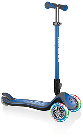 GLOBBER Elite Deluxe Lights – Tretroller Kinder, 120/80 mm, ABEC 5, 3-rädrig, höhenverstellbar, LED-Rollen, dunkelblau