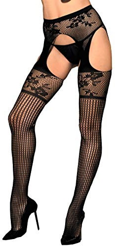 krautwear Strumpbyxor för kvinnor, strumpeband, strumpbyxor, Ouvert i sexig, strapse look av spets svart
