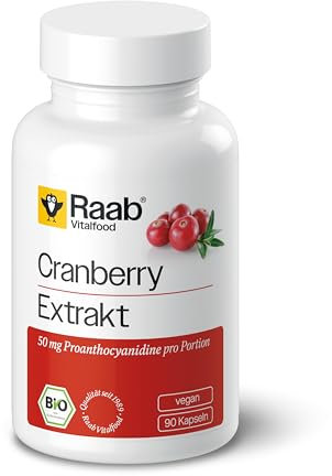 Raab Vitalfood Bio Cranberry Extrakt Kapseln, 90 Stück, ohne Zuckerzusatz, 50 mg Proanthocyanidine (PAC) pro Portion Extrakt, glutenfrei, vegan, 1er Pack