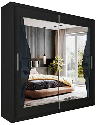 Modern Bedroom Double Mirror Door Sliding Wardrobe BATUMI 4 Colors - 1 Led Light (Black, 203cm)