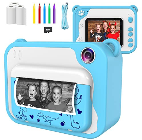 Ushining Appareil Photo à Impression Instantanée pour Enfants, HD 1080p Caméra Numérique Caméscope Photo Vidéo pour Filles Garçons de 3 à 12 Ans, Appareil Photo Enfants (32G Carte Incluse) - Bleu