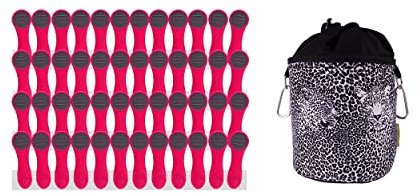 48 tvättklämmor rosa med rostfritt stål fjädrar och 1 design bellaCott tvättklämmapåse av bomull leopard