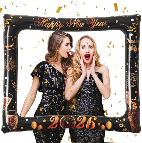 LMSHOWOWO Silvester Deko 2026, 2026 Neujahr Aufblasbarer Fotorahmen, Schwarz Gold Aufblasbarer Bilderrahmen, Silvester Selfie Rahmen, für Neujahr Weihnachten Geburtstag Party Deko