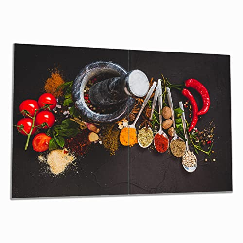Wallario Herdabdeckplatte/Spritzschutz aus Glas, 2-teilig, 80x52cm, für Ceran- und Induktionsherde, Mörser mit Kräutern und Gewürzen