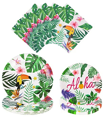 Gukasxi Ensemble de vaisselle de fête hawaïenne, fournitures de fête tropicale, assiettes et serviettes en papier pour fête d'anniversaire Aloha, pour 24 invités