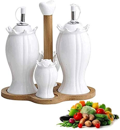 TONZN Bouteille de vinaigre Anti-Fuite, Distributeur de vinaigre d'huile sel Poivre Bouteille Ensemble avec Support en Bois, salière et poivrière assaisonnement Bouteille Pot