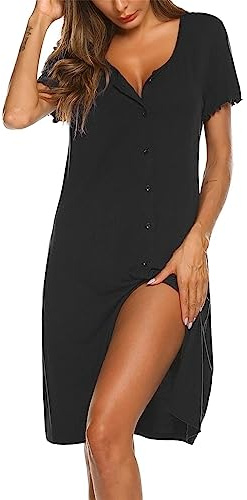 Ekouaer Camicia da Notte Donna Parto Ospedale Abbigliamento da Notte con Bottoni Aperta Davanti Estiva Manica Corta, Nero M