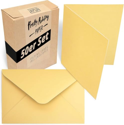 Japun - 50er Set Falt-Karten und Briefumschläge, DIN A6 / C6, gelb | Blanko Klapp-Karten aus 230 g/m² Papier zum Beschriften und Bedrucken, Umschläge aus 120 g/m² mit Nassklebung, ohne Fenster