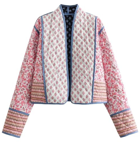 Wyeysyt Women's Valentines Day Cropped Puffer Quilted Jacket Cardigan Floral Printed Lightweight Long Sleeve Open Front Coats(Pink-M)